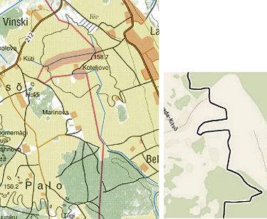 Kaardi väljavõtetel on näha Marinova mets ja selle kohal asuv karjääri osa praegu ja uue piiri järgi.   Repro: Google Maps ja  piirileppe juurde kuuluv kaart