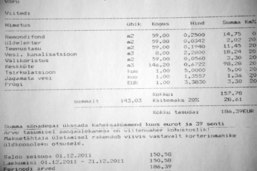 Võru Lille 15 kortermaja hoolduskulude arve möödunud aasta detsembri eest, kust tuleb välja ligi 100-eurone soojakulu 59ruutmeetrise korteri pealt. Foto: INNO TÄHISMAA