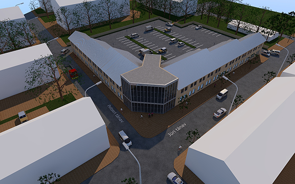 Võru linnavalitsuse kavandatud uue tervisekeskuse eestvaade kesklinna piirkonnas Jüri tn 42 krundil.    Pilt: VÕRU LINNAVALITSUS