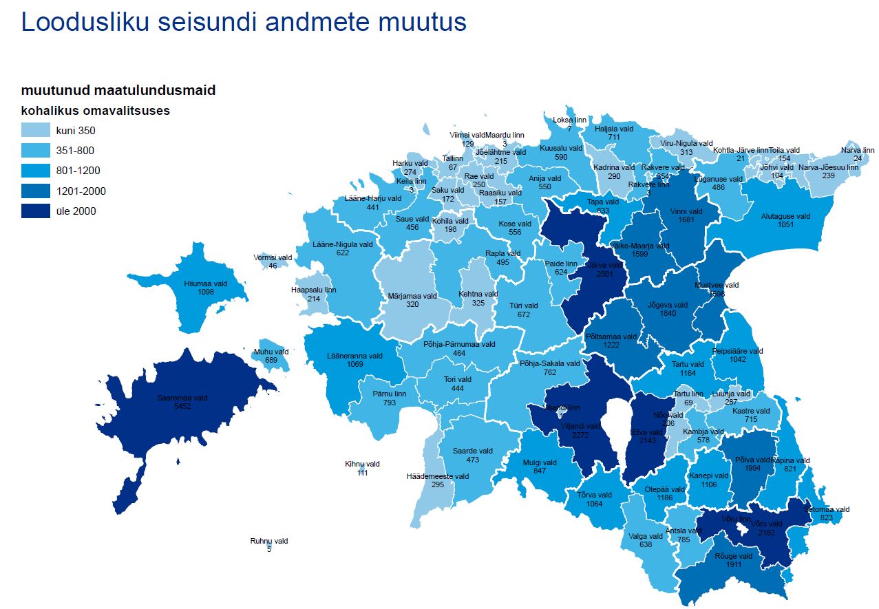 Enim muutusi maatüki loodusliku seisundi kohta on viimase aasta jooksul olnud Saaremaal, Viljandimaal, Järvamaal ja Võrumaal. Maaomanik saab maaüksuse andmetega tutvuda maa-ameti geoportaalis www.maaamet.ee/kolvikute-pindala. Kaart: allikas MAA-AMET
